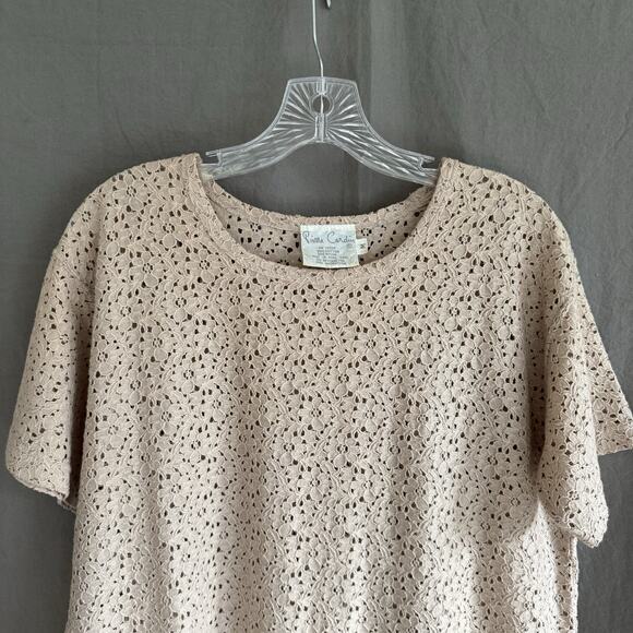 Vintage Pierre Cardin Eyelet Lace Top Parisian Casual Taupe Cotton Nylon Women M - Picture 2 of 10
